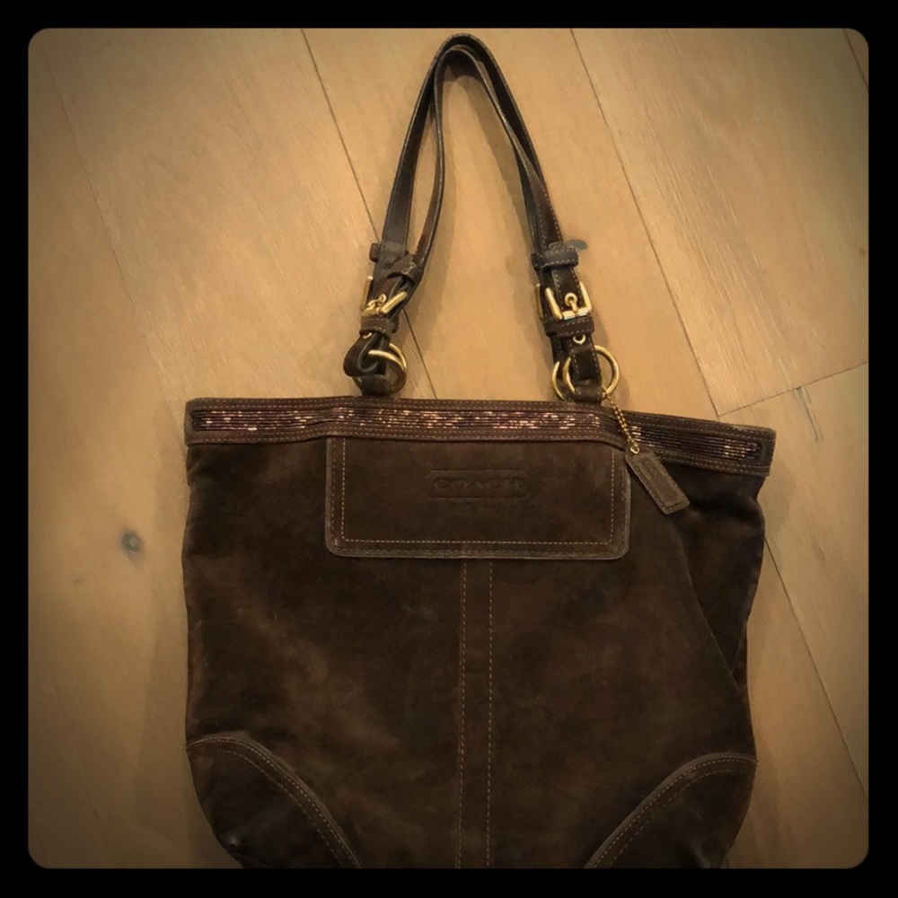 Coach Tote Bag Dark Brown Beaded Suede Leather